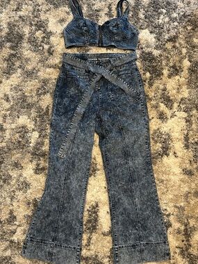 Fashion to Figure Acid-Wash Denim Bustier Top & High-Waist Pants Set - Dark Blue
